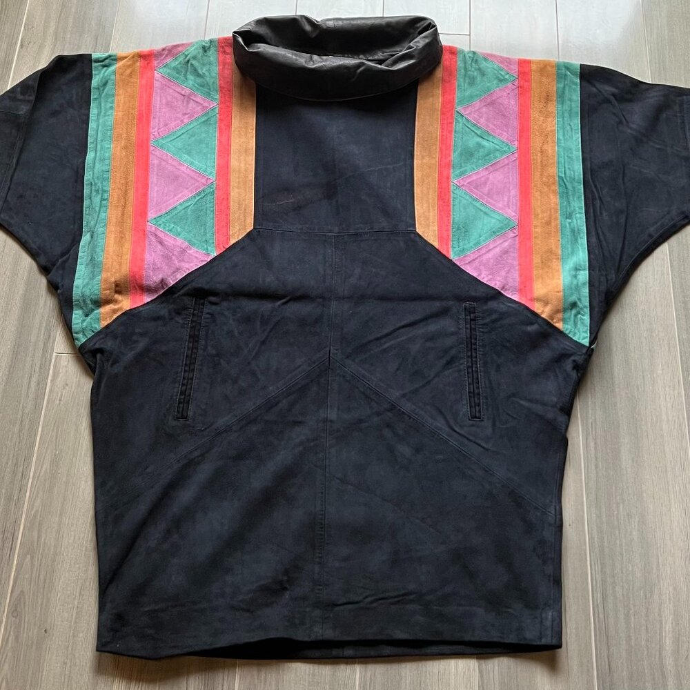 Black genuine suede top with geometric colors Design on both shoulders